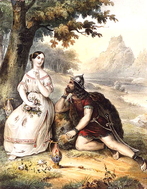 Unknown Artist - Medieval Lovers, German Watercolor over Lithograph, c.1840